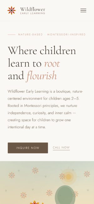 Wildflower Early Learning homepage on a phone